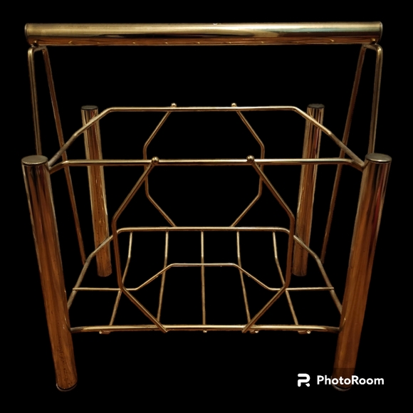Large Vintage Mid Cenury Modern Brass Standing Magazine Rack Record Storage - Picture 3 of 8